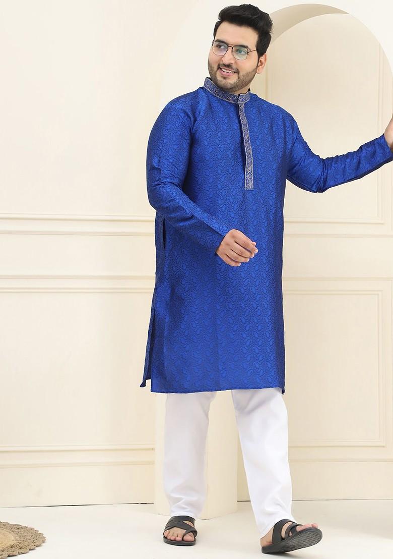 Blue Thread Work Poly Blend Kurta For Men