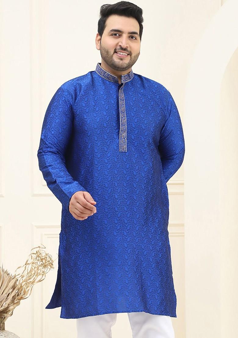 Blue Thread Work Poly Blend Kurta For Men