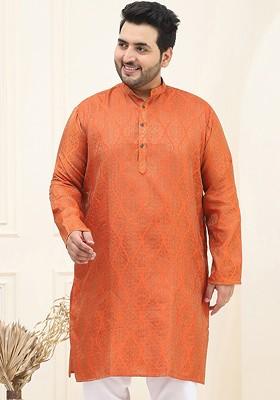 Orange Ethnic Motifs Poly Blend Kurta For Men