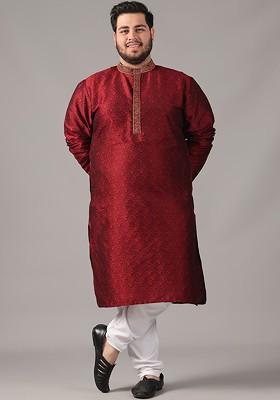 Maroon Woven Poly Blend Kurta For Men