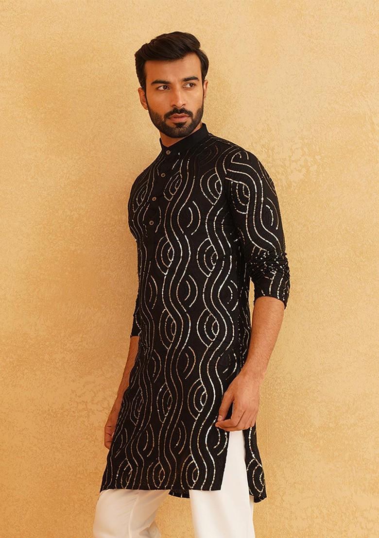 Black Embroidered Poly Blend Kurta For Men