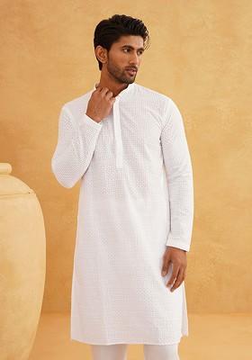 White Embroidered Cotton Kurta For Men