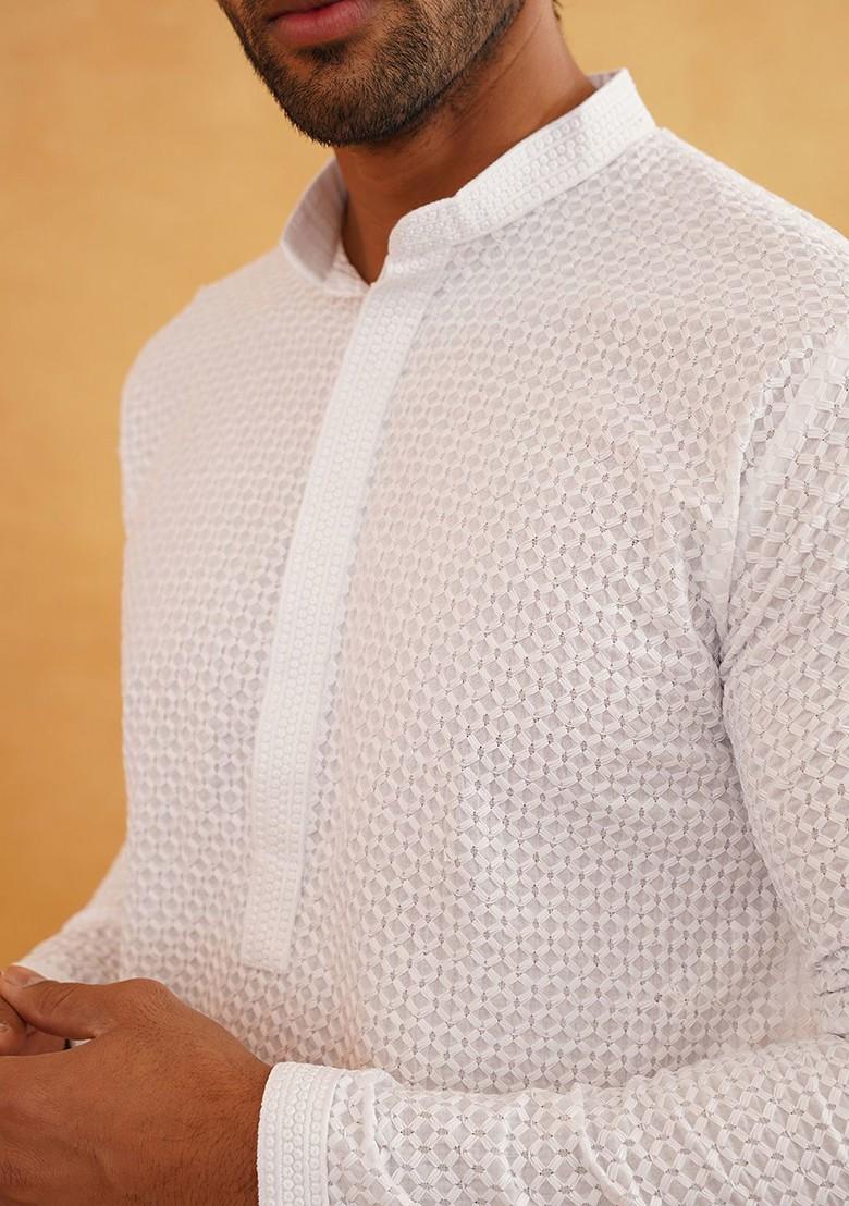 White Embroidered Cotton Kurta For Men
