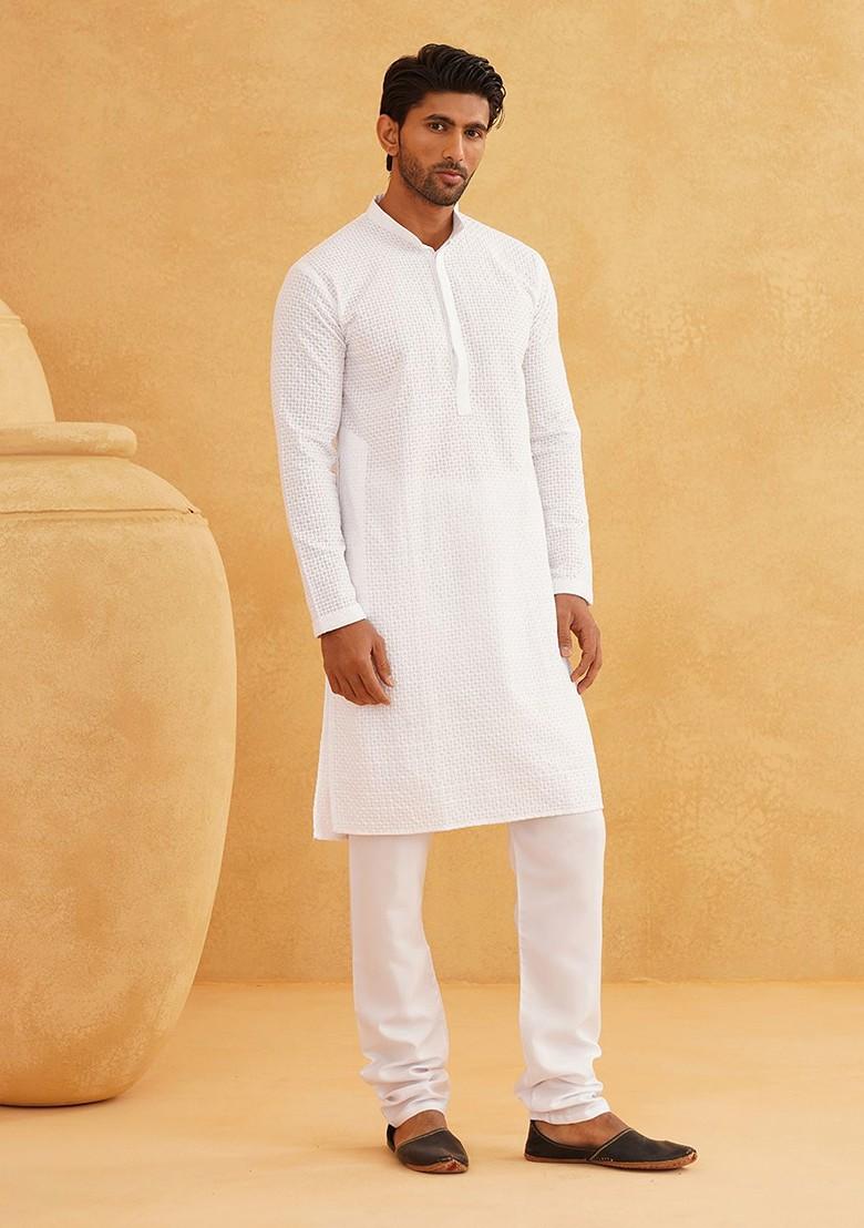 White Embroidered Cotton Kurta For Men