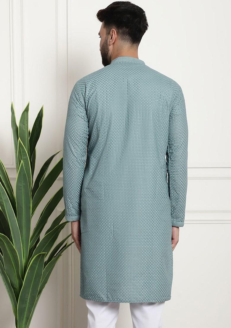 Sea Green Woven Cotton Kurta For Men