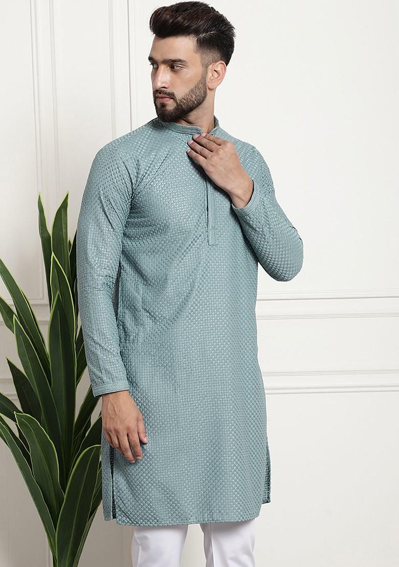 Sea Green Woven Cotton Kurta For Men