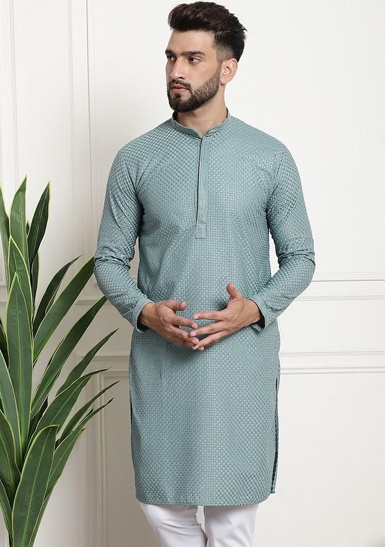 Sea Green Woven Cotton Kurta For Men