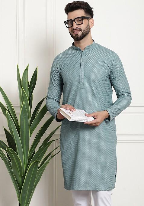 Sea Green Woven Cotton Kurta For Men