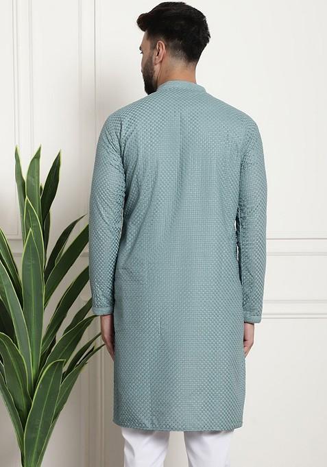 Sea Green Woven Cotton Kurta For Men