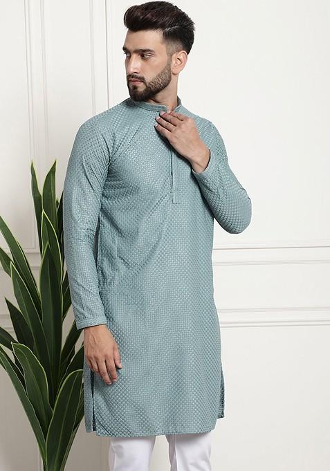 Sea Green Woven Cotton Kurta For Men