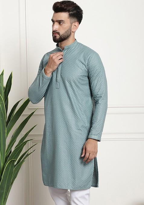Sea Green Woven Cotton Kurta For Men