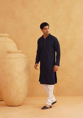 Navy Blue Embroidered Cotton Kurta For Men