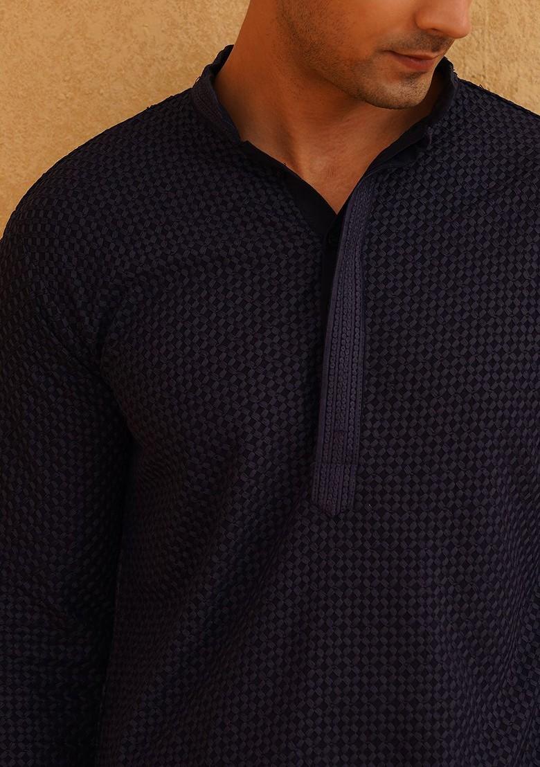 Navy Blue Embroidered Cotton Kurta For Men