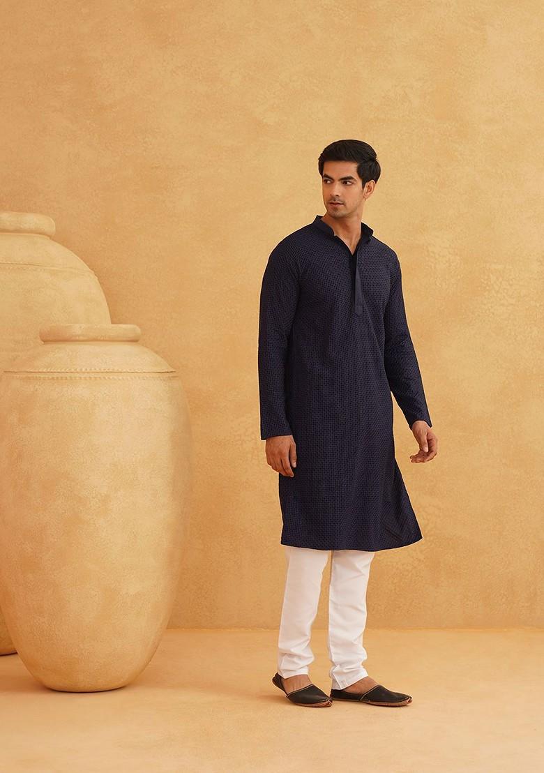 Navy Blue Embroidered Cotton Kurta For Men