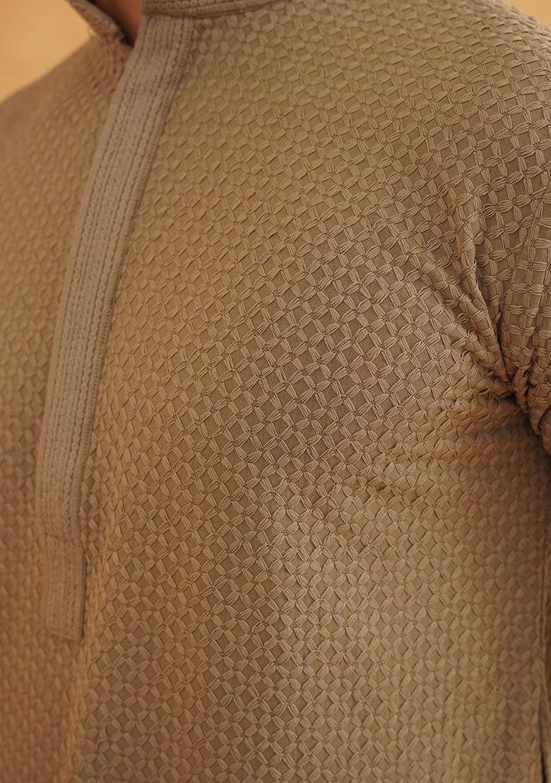 Coffee Brown Thread Work Cotton Kurta For Men