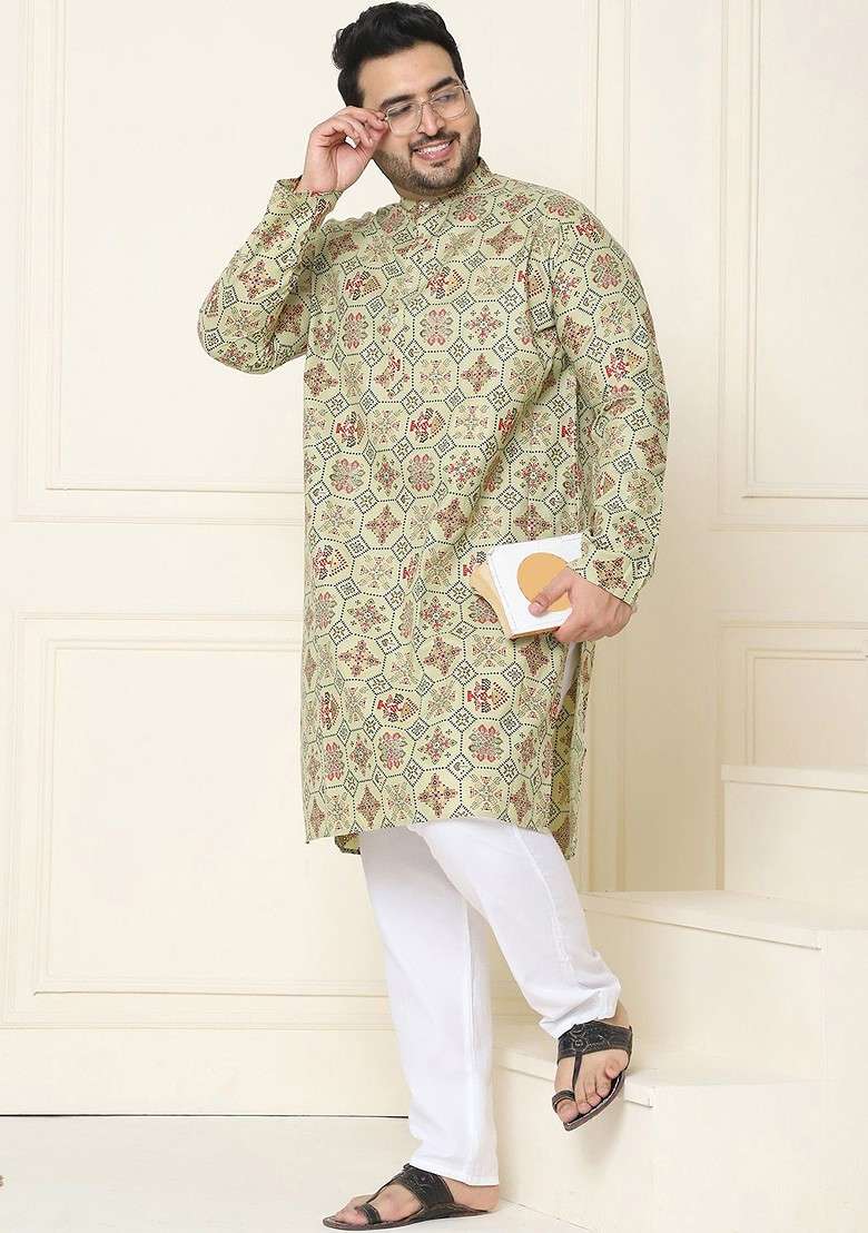 Green Ethnic Motifs Cotton Kurta For Men - Indya