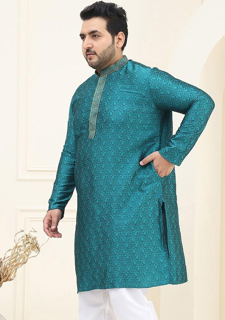 Teal Blue Ethnic Motifs Poly Blend Kurta For Men