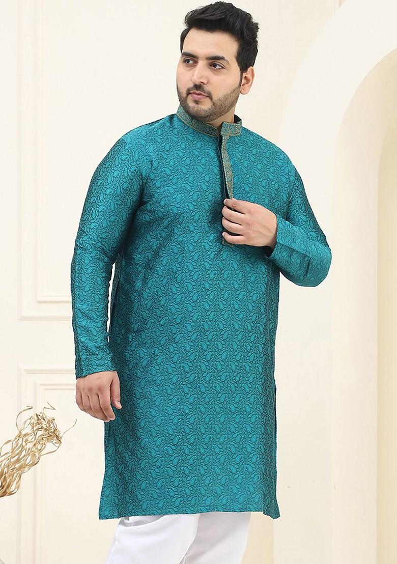 Teal Blue Ethnic Motifs Poly Blend Kurta For Men