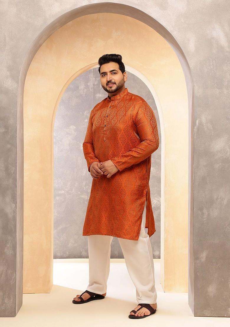 Orange Solid Poly Blend Kurta For Men