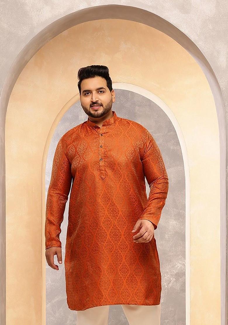Orange Solid Poly Blend Kurta For Men
