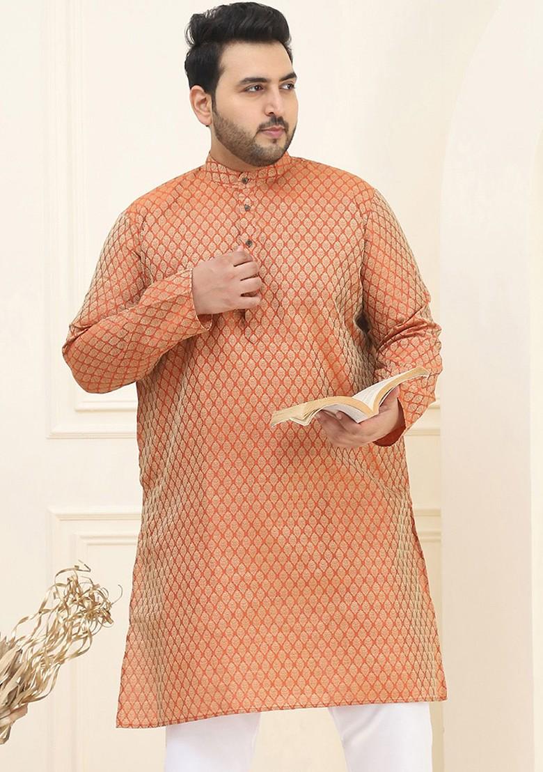 Orange Ethnic Motifs Poly Blend Kurta For Men