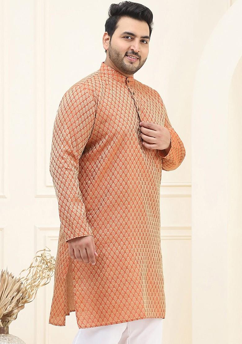 Orange Ethnic Motifs Poly Blend Kurta For Men