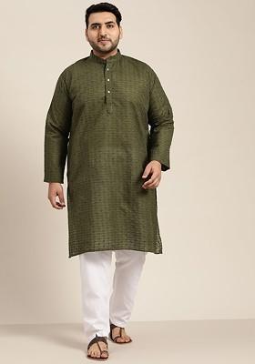 Olive Embroidered Cotton Kurta For Men