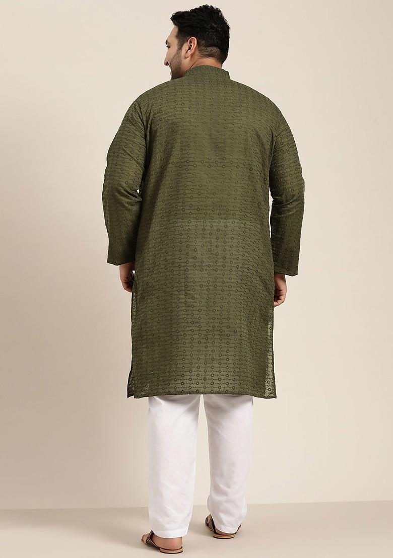 Olive Embroidered Cotton Kurta For Men