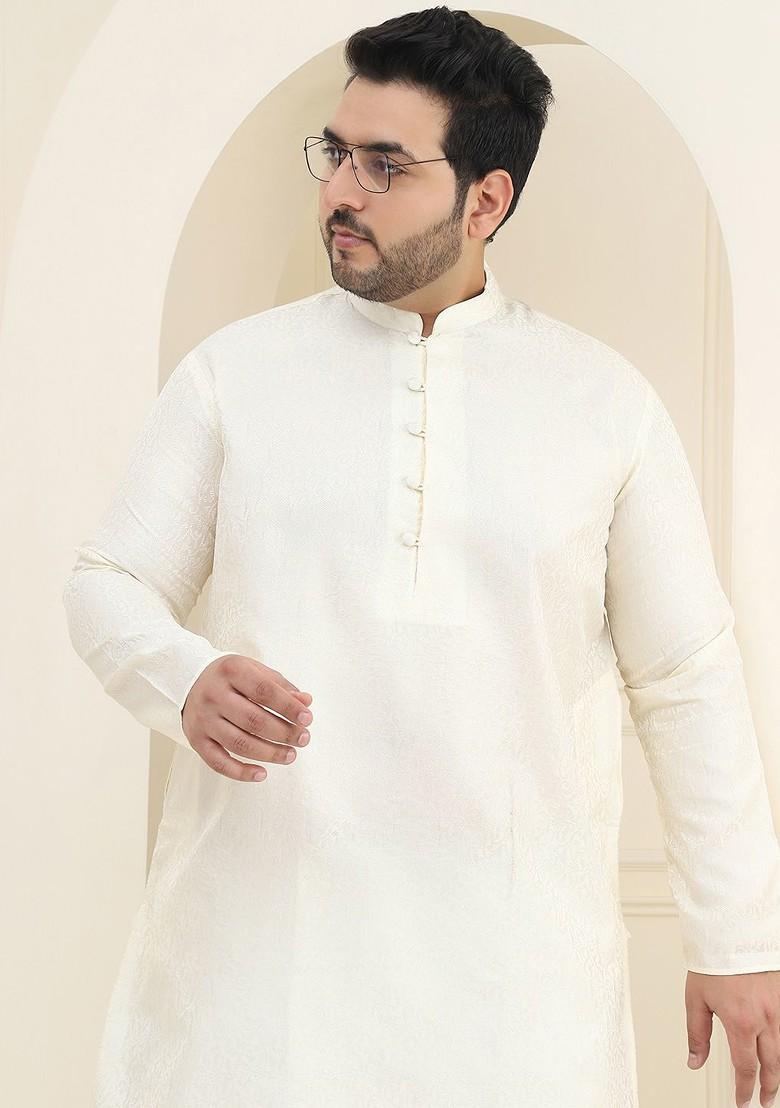 Cream Ethnic Motifs Jacquard Kurta For Men