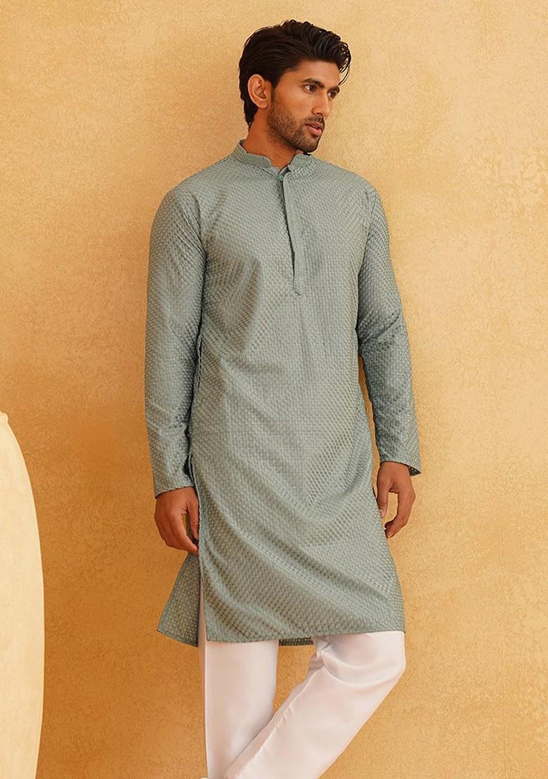 Sea Green Embroidered Cotton Kurta For Men