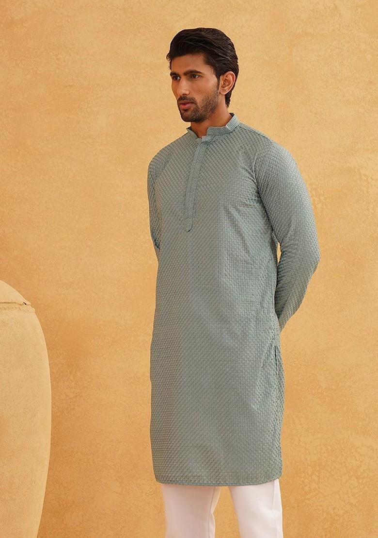 Sea Green Embroidered Cotton Kurta For Men