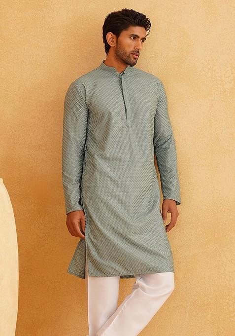 Sea Green Embroidered Cotton Kurta For Men — view on Indya