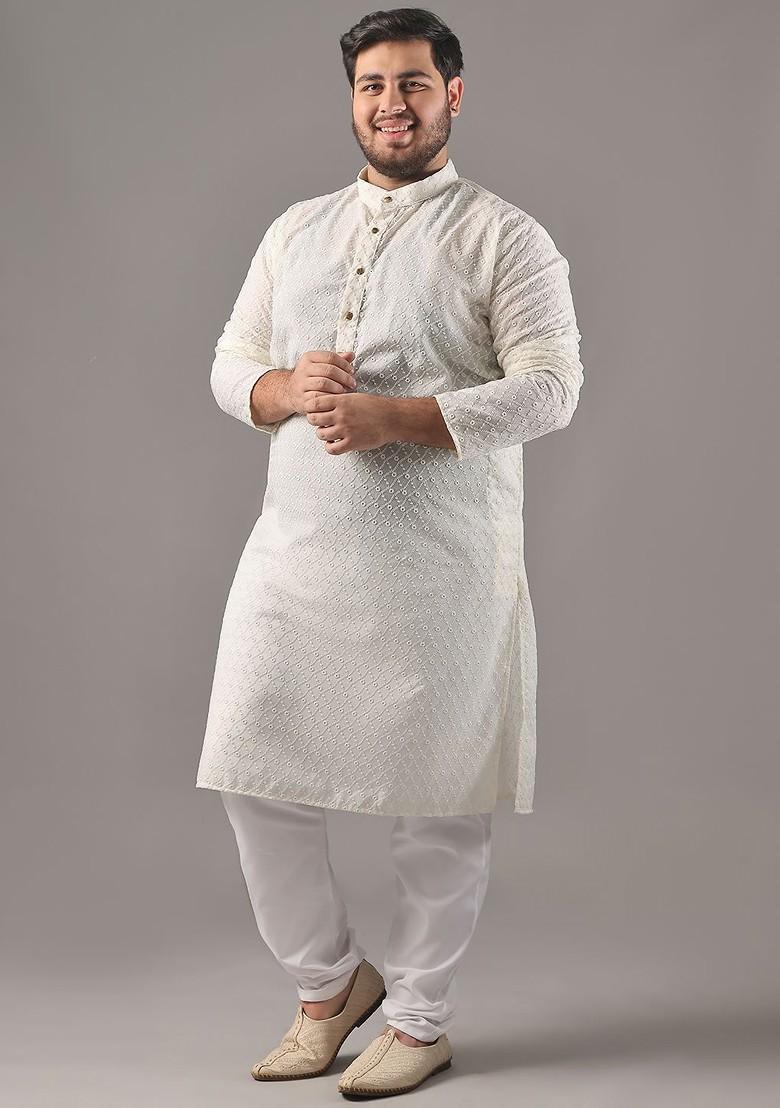 Cream Embroidered Cotton Kurta For Men
