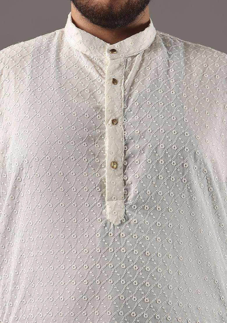 Cream Embroidered Cotton Kurta For Men - Indya
