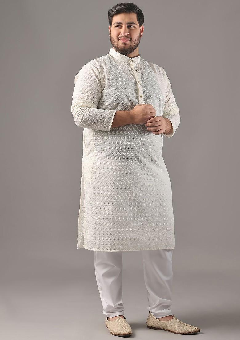 Cream Embroidered Cotton Kurta For Men