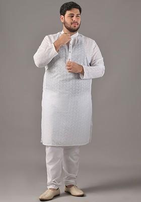 White Embroidered Cotton Kurta For Men