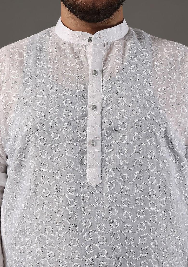 White Embroidered Cotton Kurta For Men