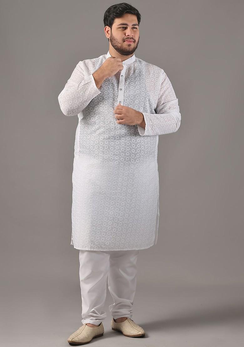 White Embroidered Cotton Kurta For Men