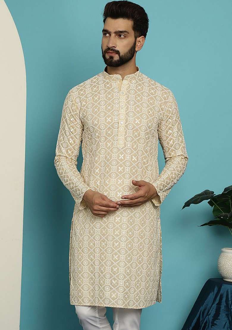 Beige Embroidered Cotton Kurta For Men - Indya