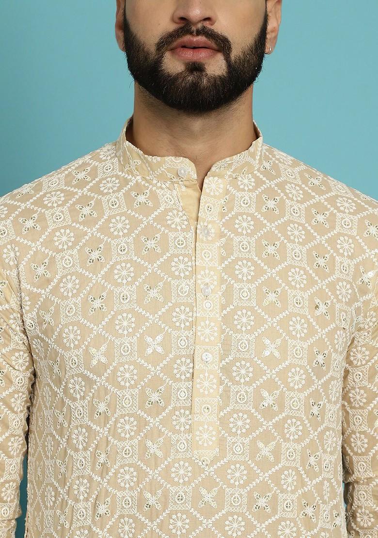 Beige Embroidered Cotton Kurta For Men