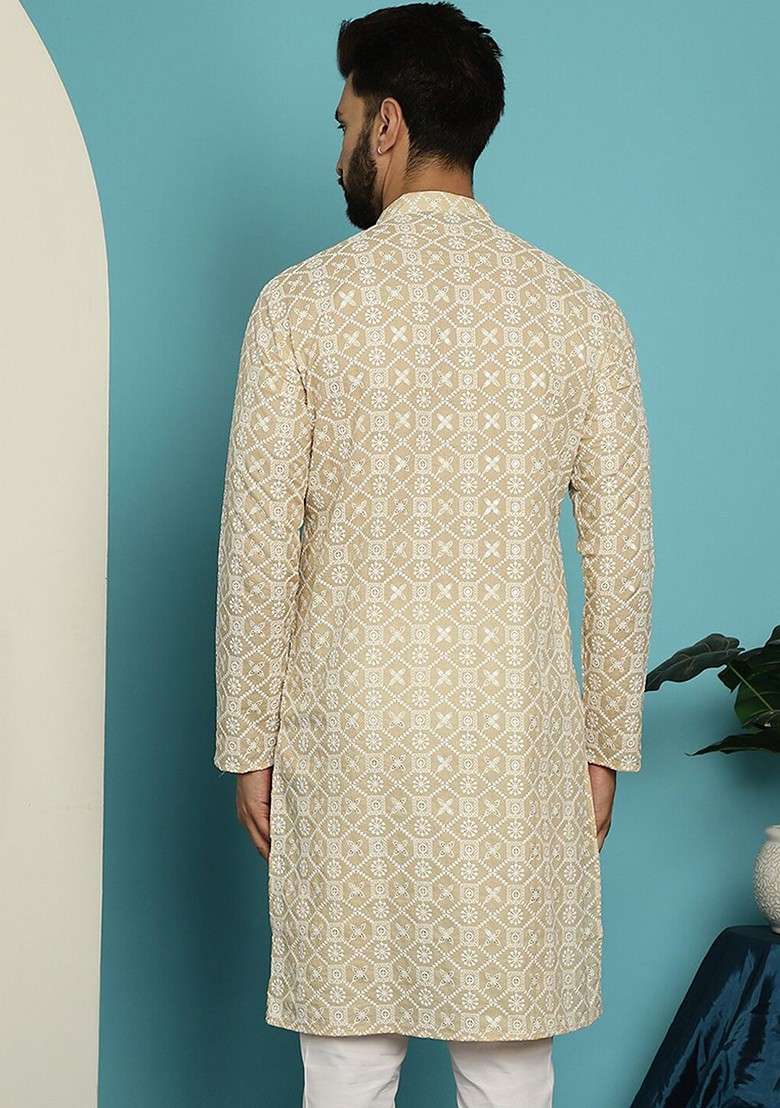 Beige Embroidered Cotton Kurta For Men - Indya