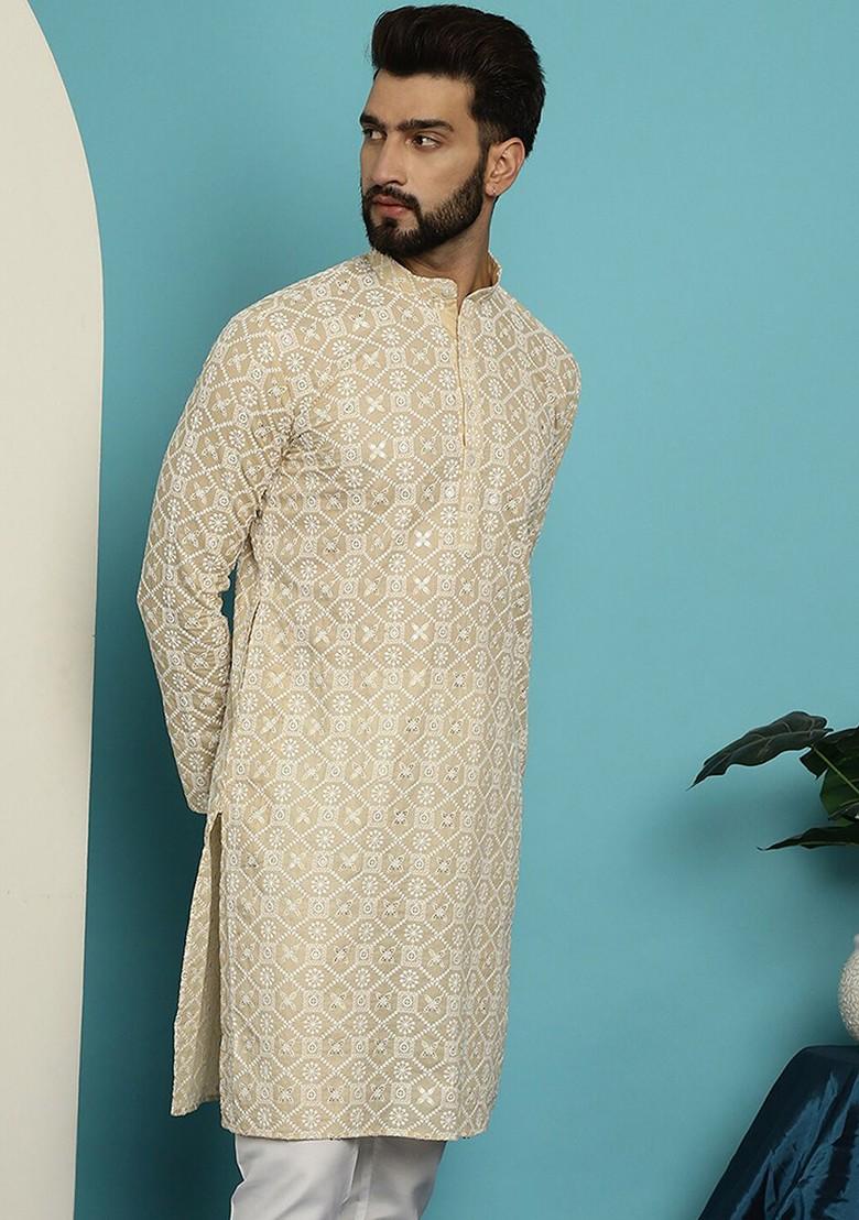 Beige Embroidered Cotton Kurta For Men