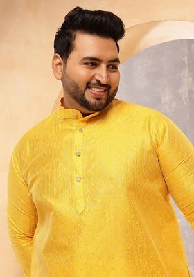 Yellow Printed Poly Blend Kurta For Men