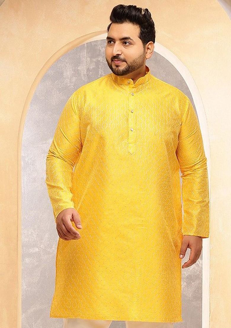 Yellow Printed Poly Blend Kurta For Men