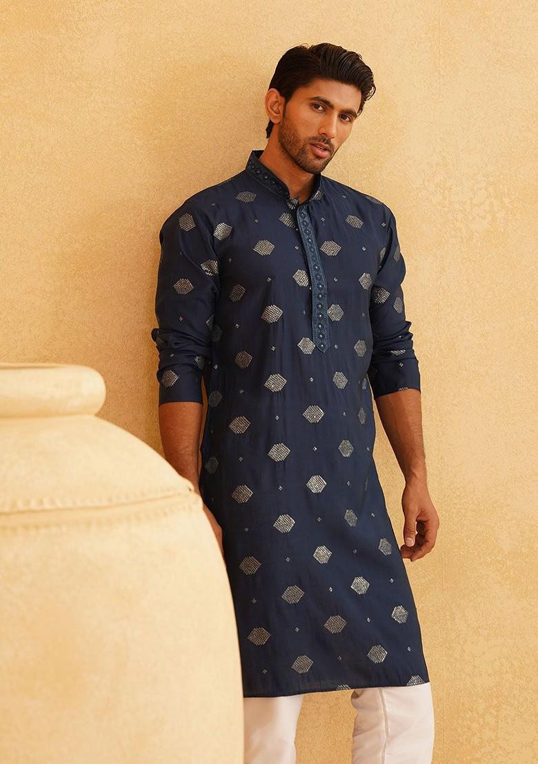 Navy Blue Embroidered Cotton Kurta For Men