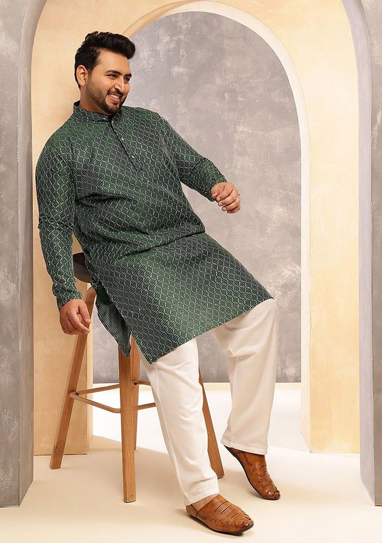 Green Printed Poly Blend Kurta For Men