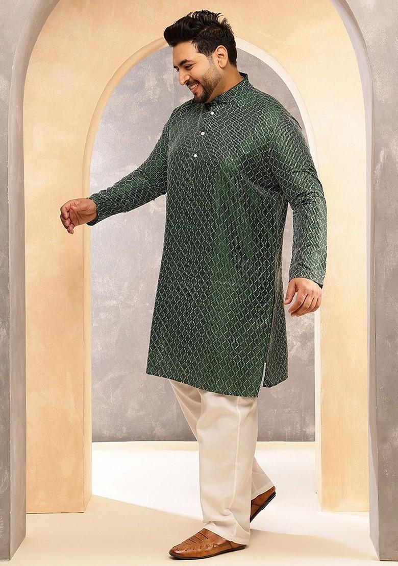 Green Printed Poly Blend Kurta For Men