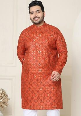 Orange Ethnic Motifs Poly Blend Kurta For Men