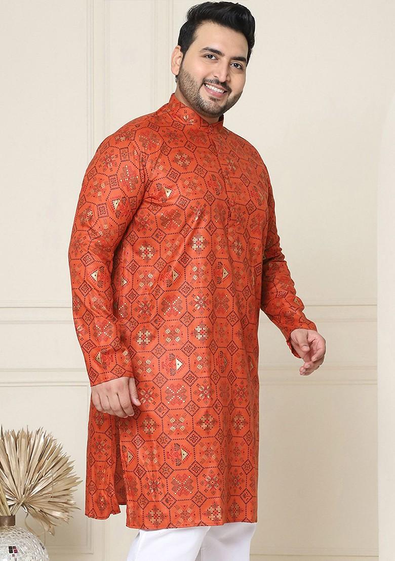 Orange Ethnic Motifs Poly Blend Kurta For Men