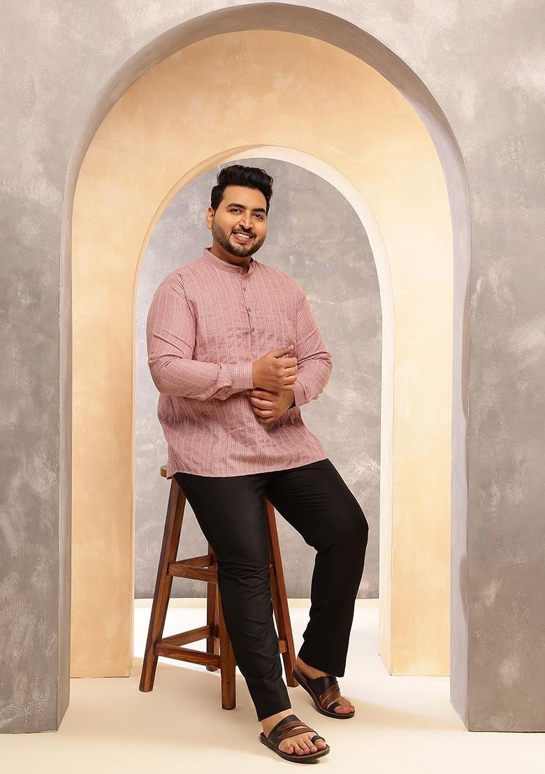 Pink Striped Cotton Kurta For Men